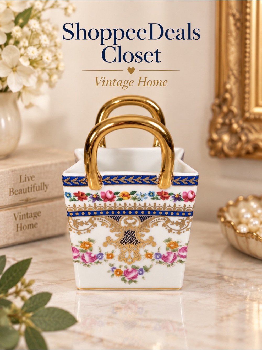 Ceramic Shopping Bag Floral Vase Gold Handles